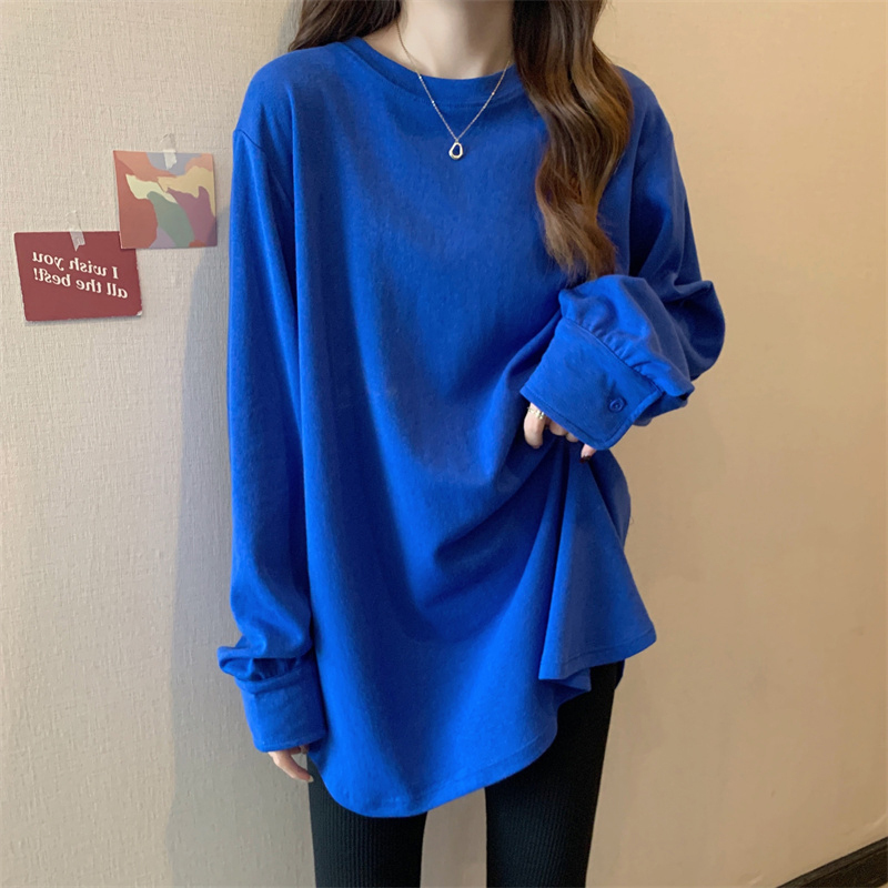Pure Cotton Klein Blue Loose-Fitting Base Shirt for Women, Long-Sleeve Top, European Style Casual Mid-Length T-Shirt, 2025 New Model