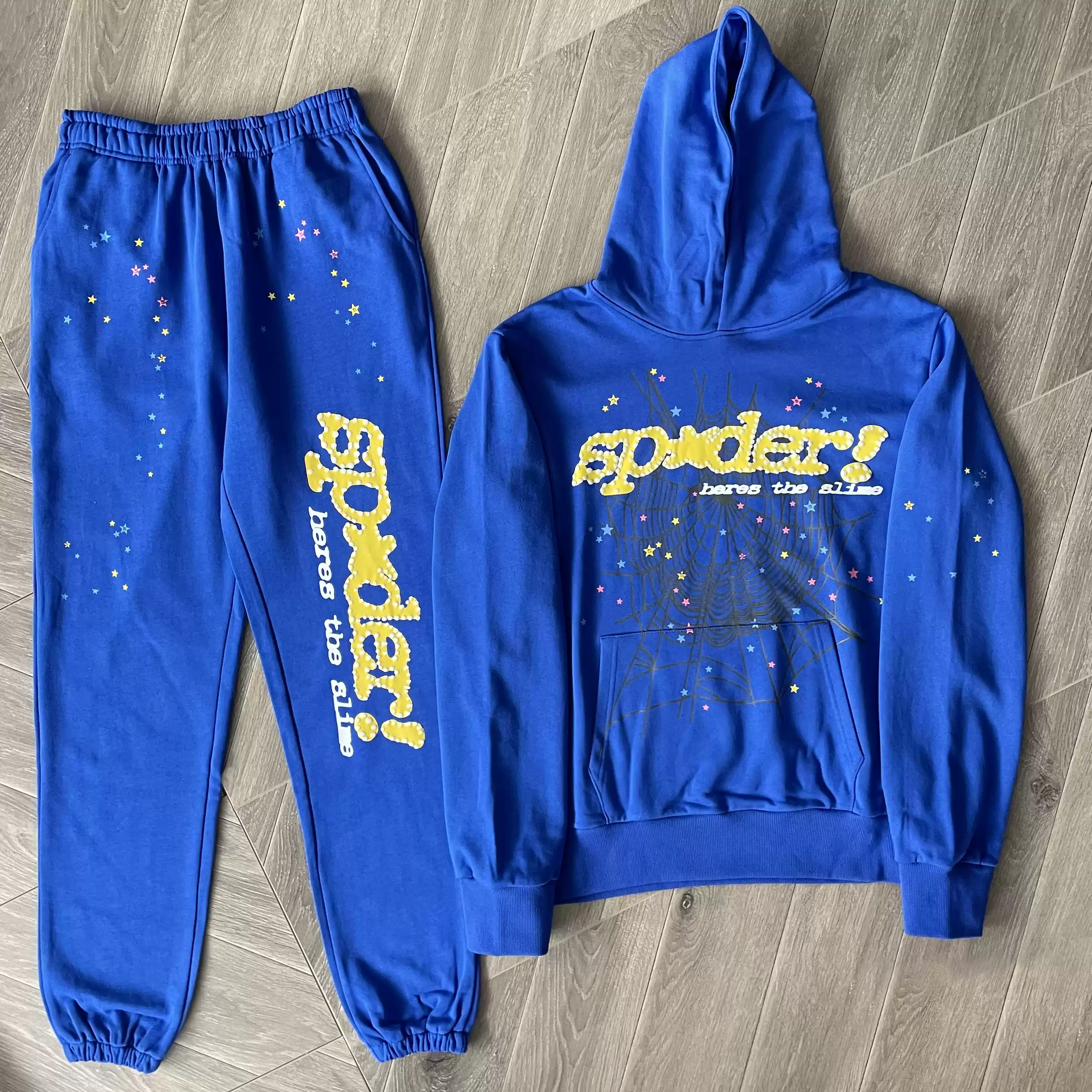 Sp5der 555555 TC BLUE Hoodie pants蜘蛛網男女休閒運動厚棉長褲