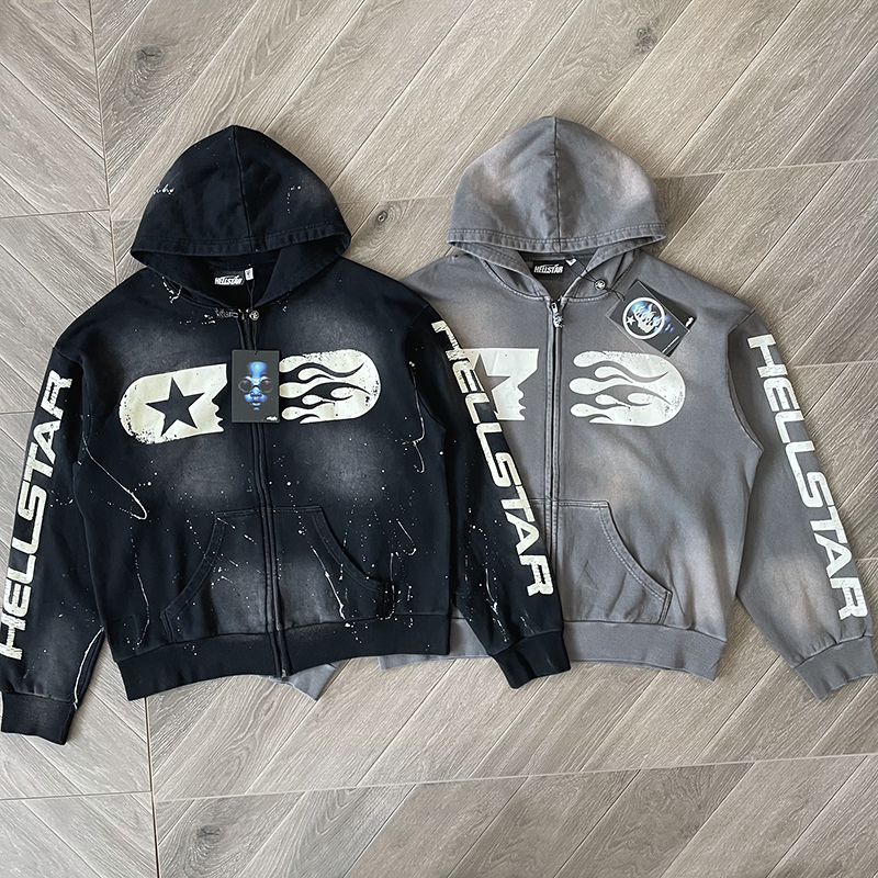 Hellstar Studios Zip up Hoodie Zippered Washed Cotton Hooded Sweatshirt