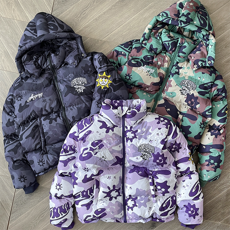 Glo Gang Vest Jacket Embroidered Camouflage Jacket Cotton Coat with Detachable Hood