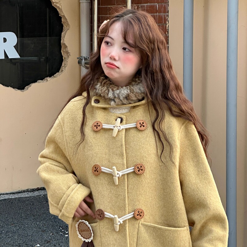 Kiwi Fruit Nap Butter Cookies Wool Double-Sided Woolen Coat Women's Mid-Length Hooded Winter Coat