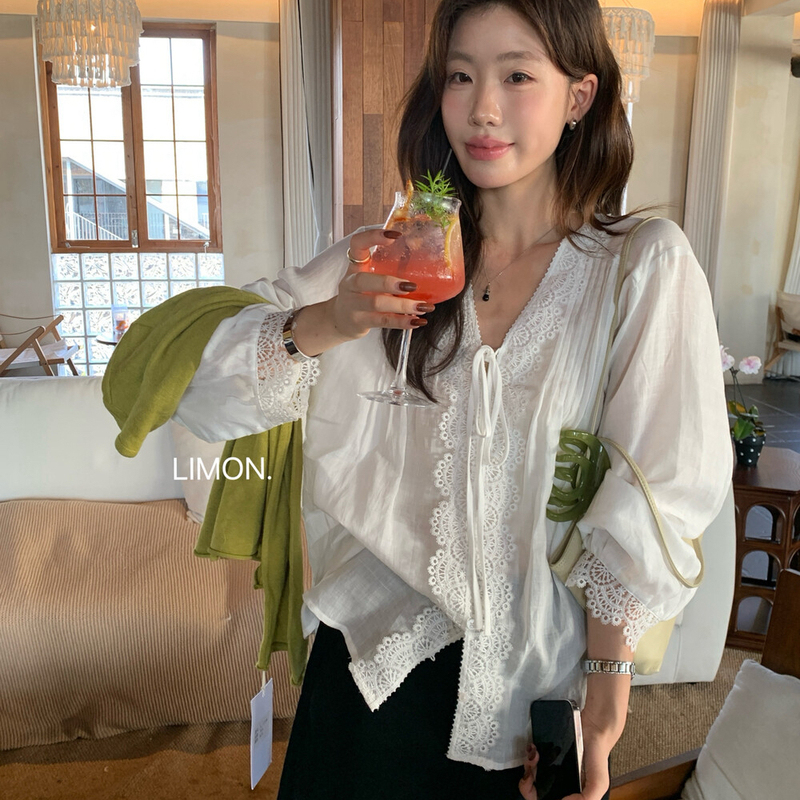 The Limon Lemon Green Tea Resort Style Lace Patchwork Tencel Ramie Shirt Women's Autumn Blouse Trendy The Limon Lemon Green Tea Resort Style Lace Patchwork Tencel Ramie Shirt Women's Autumn Blouse Trendy