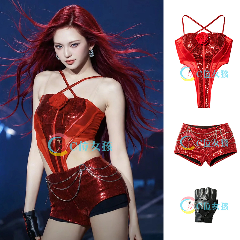 Babymonster Girl Group Chiquita's Same Style Performance Outfit Jazz Kpop Stage Red Performance Costume Babymonster Girl Group Chiquita's Same Style Performance Outfit Jazz Kpop Stage Red Performance Costume