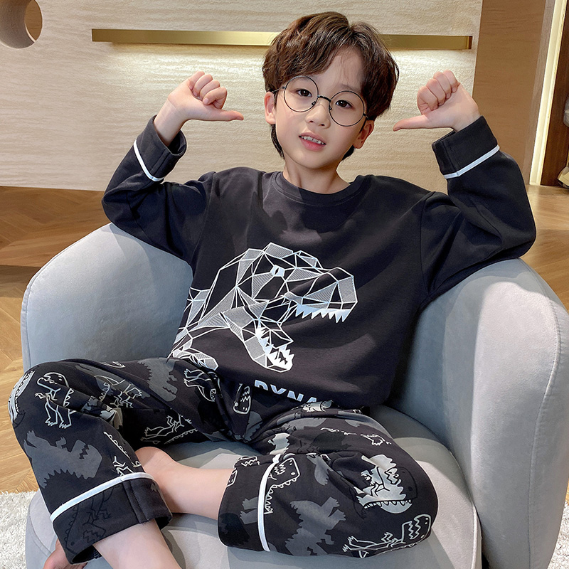 2025年新作子供用パジャマ 男の子 純綿 春秋スタイル 長袖 ティーンエイジャー ビッグボーイ 恐竜 ホームウェア