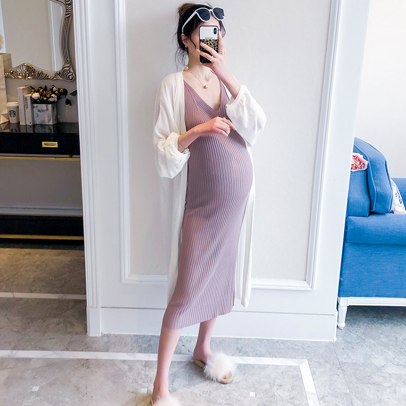 Pregnant Women's Fashion Suit Xia Chao Ma Medium and Long Edition Summer Sunscreen Knitted Dress Cardigan Two-Piece Spring and Autumn Thin
