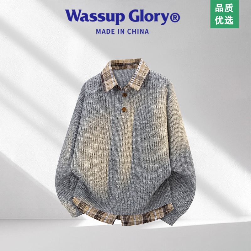 Wassup Glory Fake Two-Piece Sweater for Men, Autumn and Winter American Retro Knitwear, High-End Old Money Style Top Wassup Glory Fake Two-Piece Sweater for Men, Autumn and Winter American Retro Knitwear, High-End Old Money Style Top