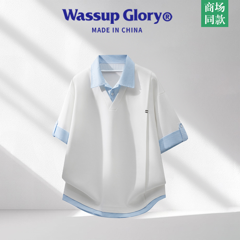 Wassup Glory Fake Two-Piece Short-Sleeved T-Shirt for Men, Preppy Style Summer Shirt Collar Top, Loose Fit Couple Summer Wear