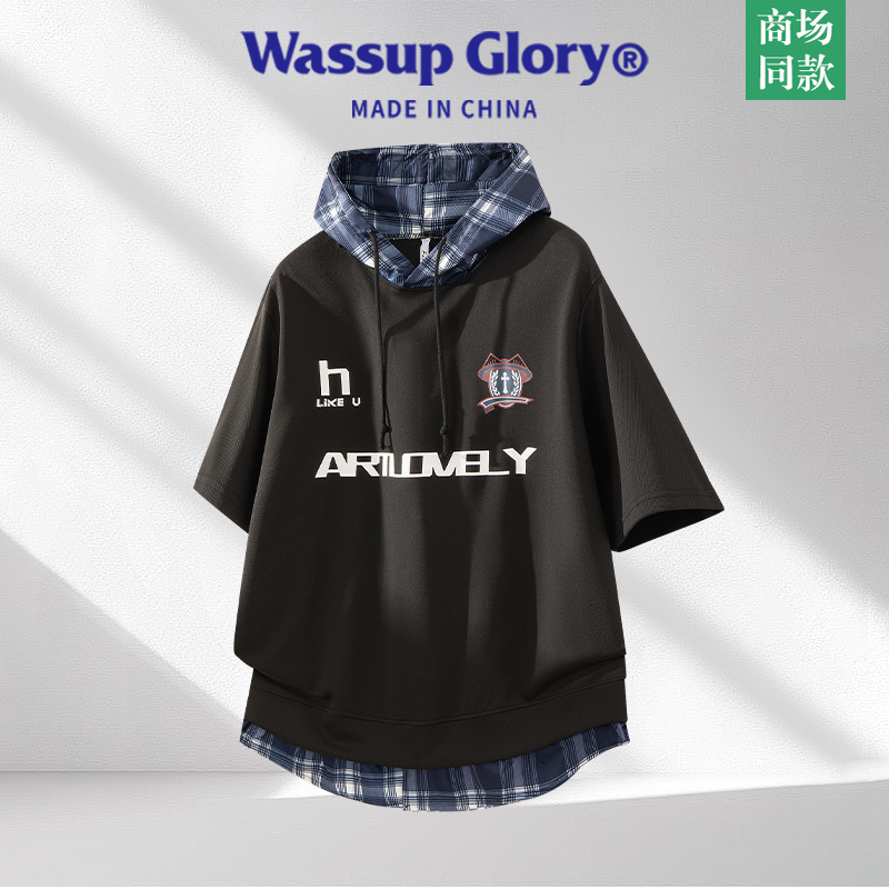 Wassup Glory Hooded Short-Sleeved T-Shirt for Men, Summer Fake Two-Piece Plaid Print Top, American Style Plaid Hoodie