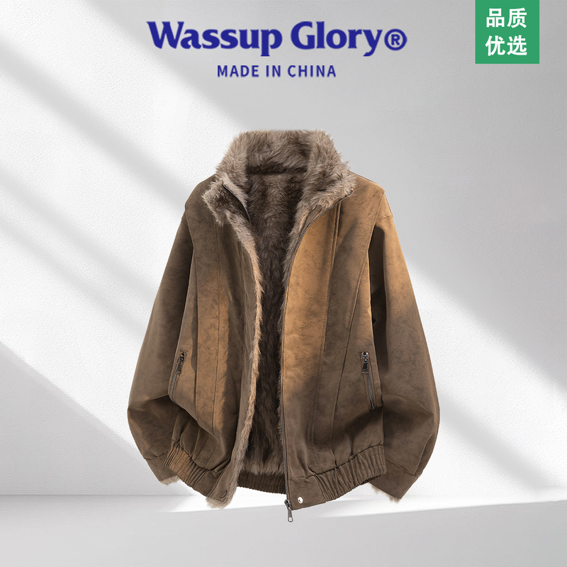 Wassup Glory Fur Collar Leather Jacket for Men, Fleece-Lined and Thickened, Winter Leather Jacket with a High-End Feel, Cool and Stylish