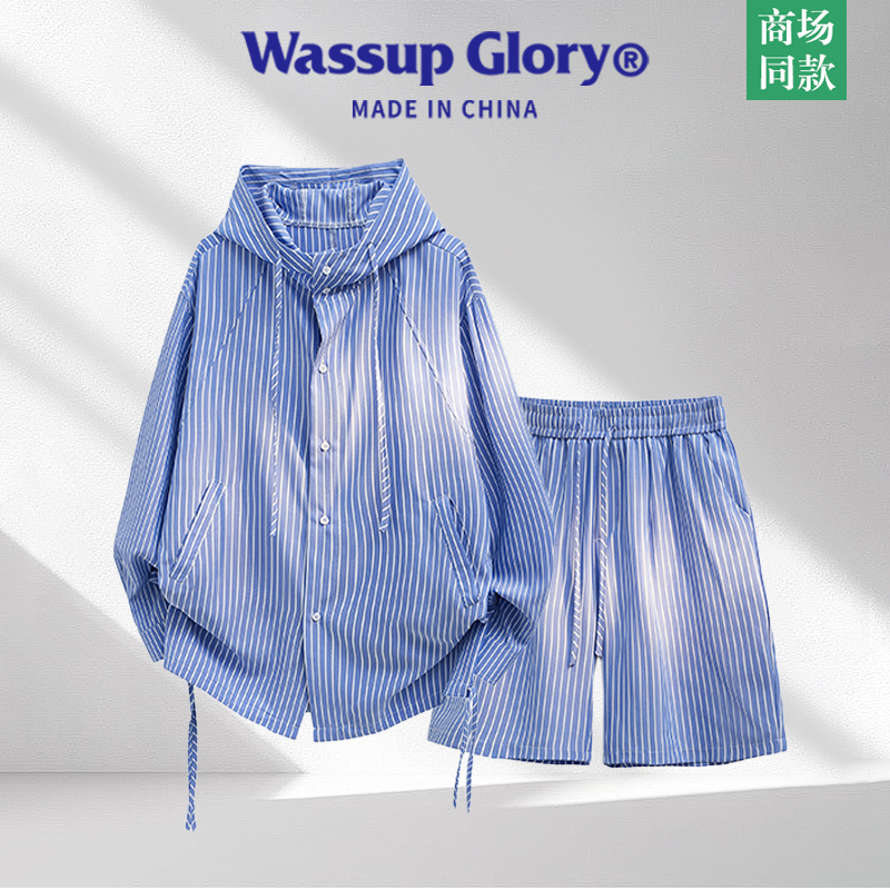 Wassup Glory Shirt Set Men's Summer Japanese Retro Hooded Jacket Ice Silk Thin Striped Shirt