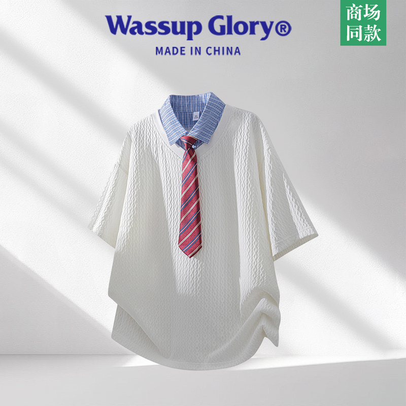 Wassup Glory Fake Two-Piece Short-Sleeved T-Shirt for Men, Summer College Style, Loose Trendy Brand Jacquard Tie Top