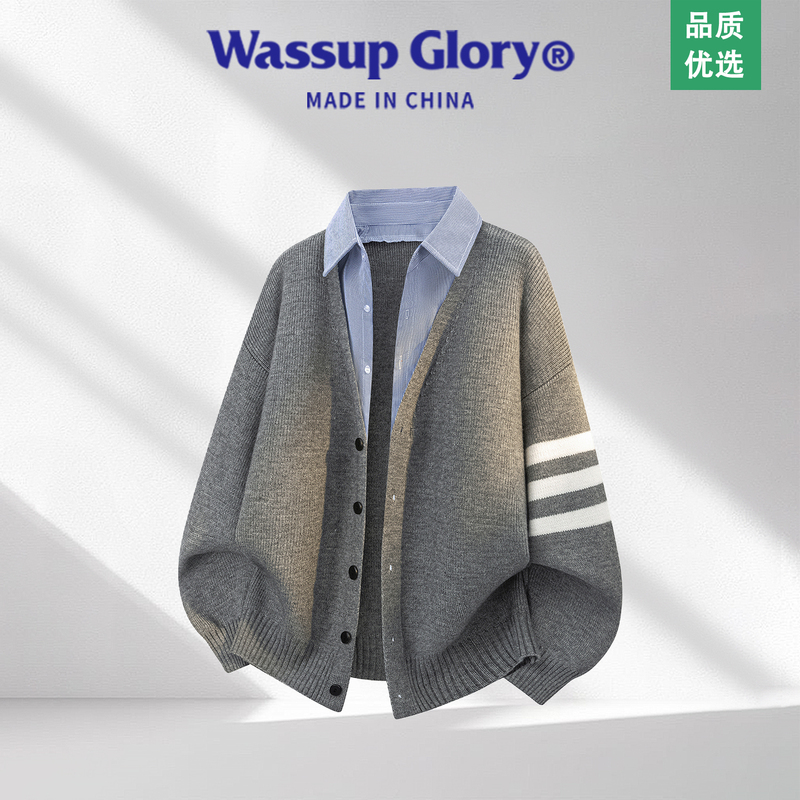 Wassup Glory Fake Two-Piece Cardigan Sweater for Men, Autumn and Winter Shirt Collar Knitwear, Stylish College Style Jacket