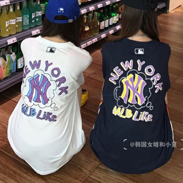 Korea MLB Tide Cards NEW YORK Graffiti Popcorn NY Lovers Loose Short Half Sleeve Men and Men Summer