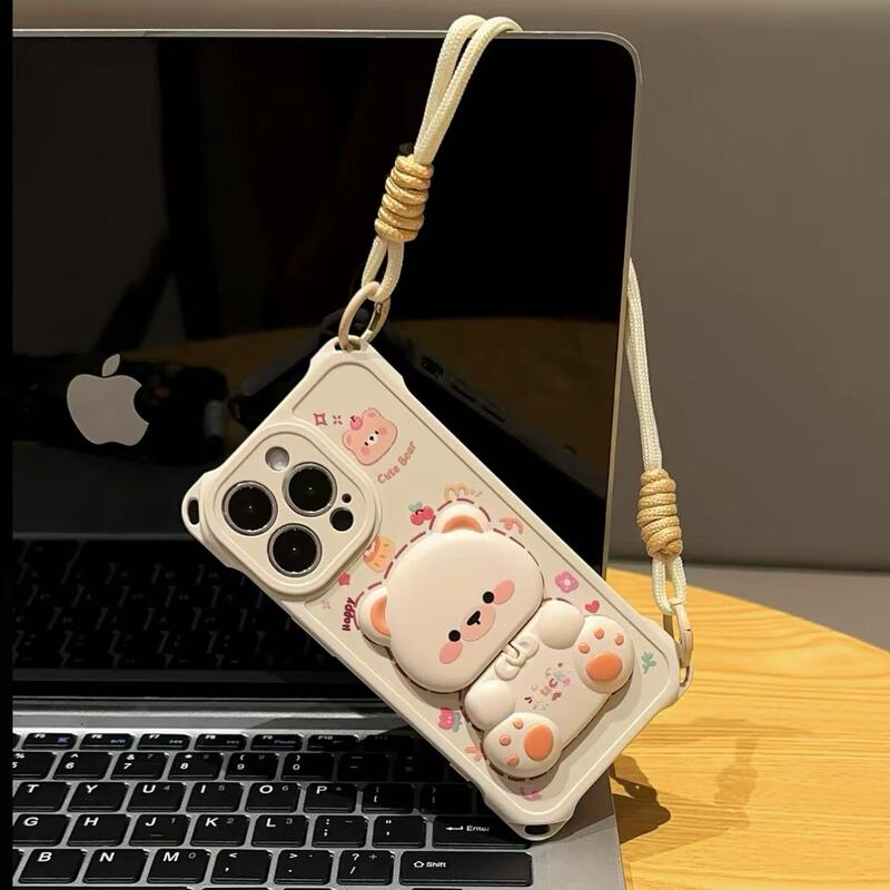Cute Rotating Mirror Stand Suitable for iPhone 16 Pro Max Phone Case, iPhone 13, iPhone 14 Pro with Four-Corner Lanyard, iPhone 12/11, Huawei P70, New Vivo X200, Xiaomi 15, Honor, Oppo K80