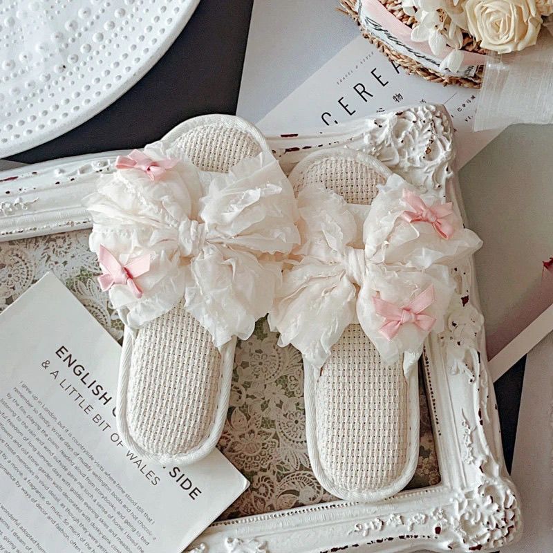 French-Style Court Ballet Girl Linen Slippers for Spring and Autumn, Indoor Non-Slip Soft-Soled Home Shoes for Women in Summer