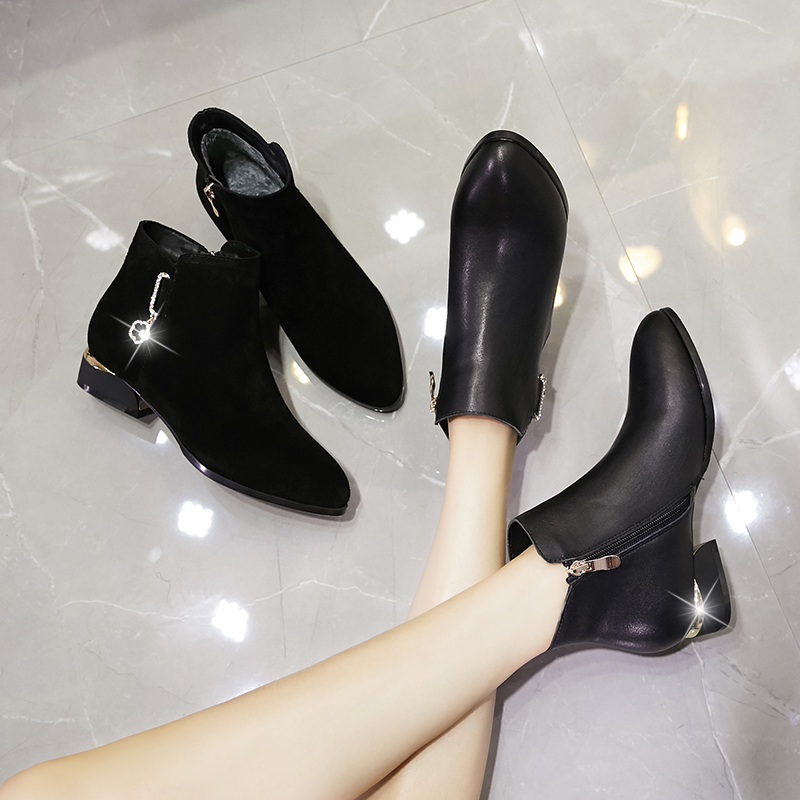 Golden Belle Coarse Boots Women's Autumn and Winter Leather Short Barrel Martins Joker Pointed Scrub Flat Boots