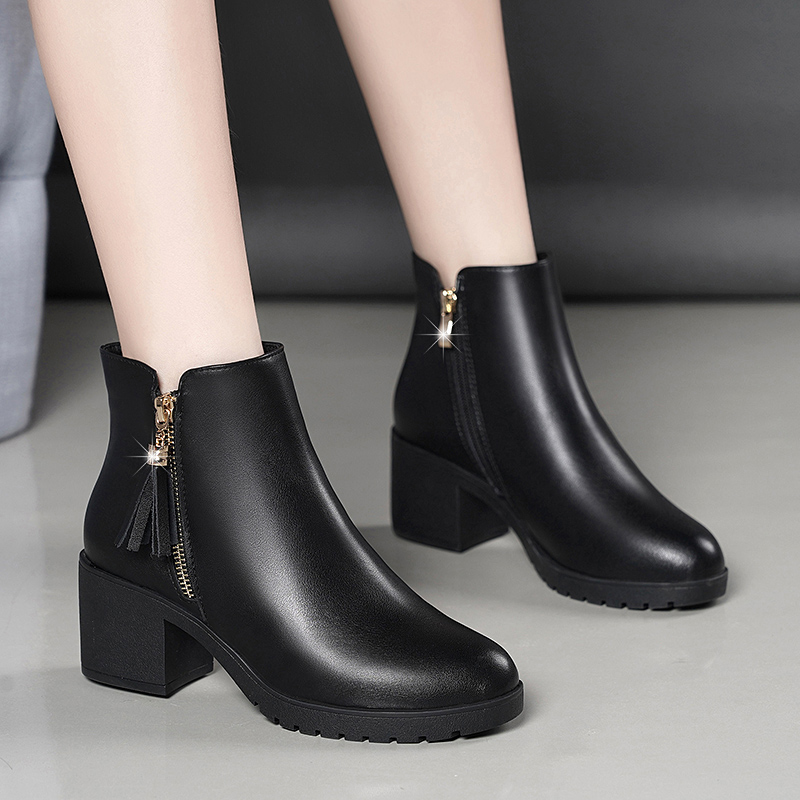 Jinte Belle net red Martin boots female British style leather thick heel short boots single boots winter fleece thick bottom women's boots