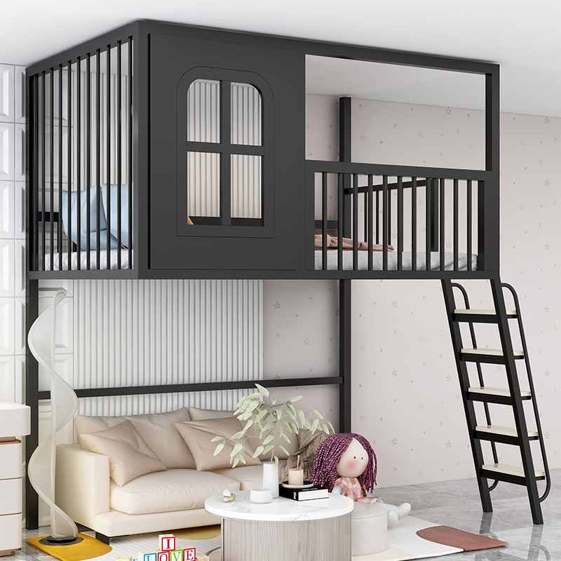 Loft Bed for Small Apartments, Upper Bunk with Open Space Below, Children's High and Low Treehouse Castle Bed, Duplex Second Floor