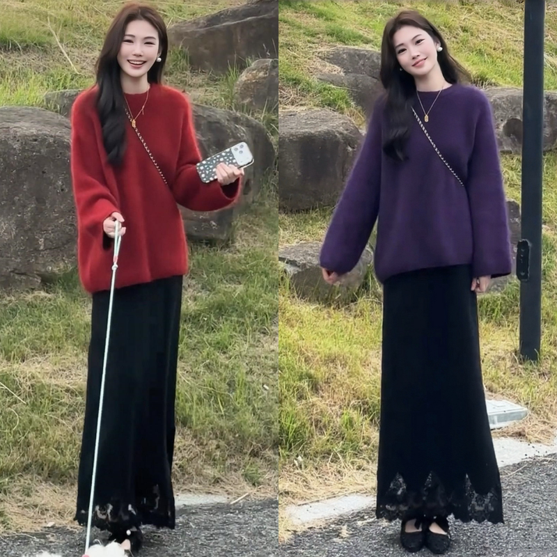 A Very Beautiful Early Spring Set in a Gentle Korean Style with an Age-Reducing Effect, Purple Knitted Sweater and Skirt Two-Piece Set