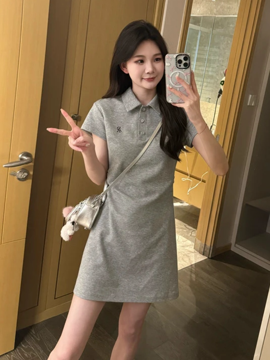 法式学院风撞色刺绣Polo领连衣裙女夏季小个子收腰休闲减龄a字裙