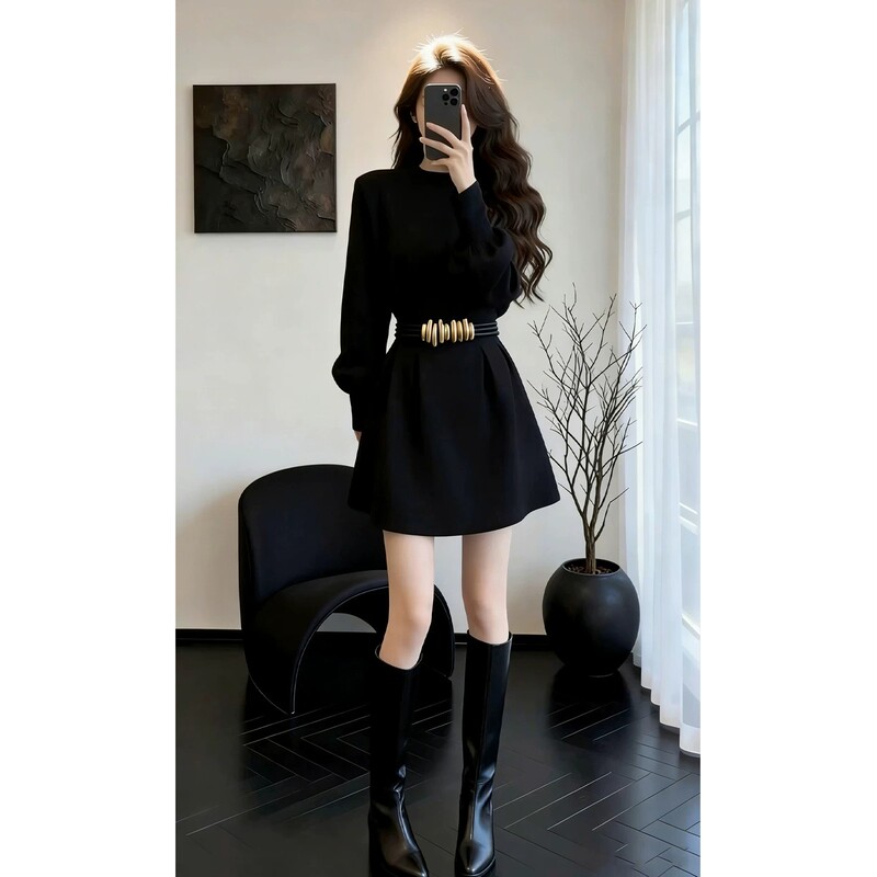 Jomgnev Rich Girl Wears a Black Dress, Which Is Particularly Beautiful in Autumn and Winter, with a Cinched Waist and a Slimming Effect