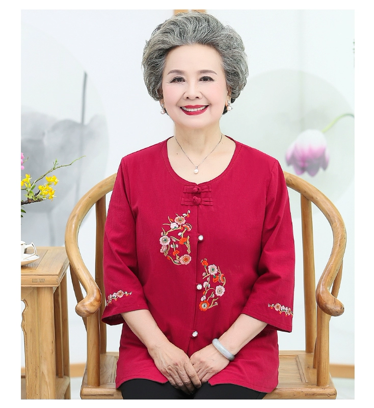 Bà mặc đồ cotton và vải lanh hai mảnh 60 tuổi 70 bà già mặc váy mùa hè cho mẹ 80 áo ngắn tay - Quần áo của mẹ