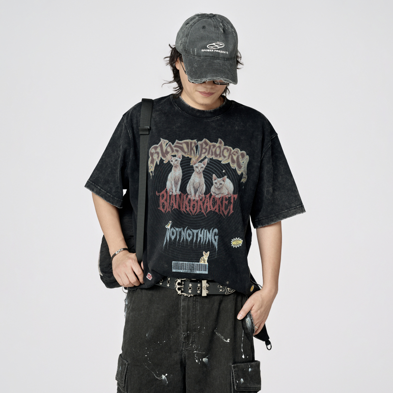 【Sunday】2026 Summer Heavy-Duty Distressed Washed Print Street Fashion Niche Designer Short-Sleeve T-Shirt