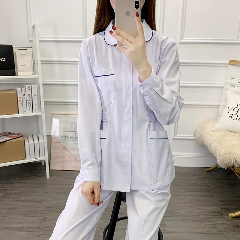 Nurse Uniform Two-Piece Set for Women, Long-Sleeved, for Dental Clinics and Hospitals, Blue-Edged Round Neck, Beautician Short-Sleeved Work Clothes