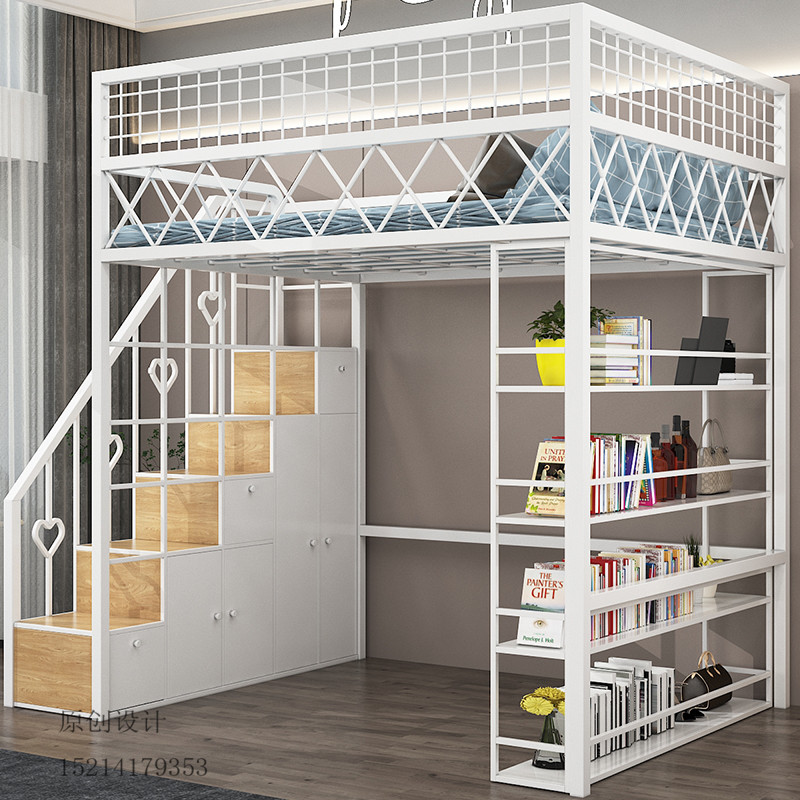 Iron loft bed small apartment upper bed and lower table duplex second floor bed apartment single upper floor space saving loft bed customization