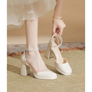 绝美防水台凉鞋女2025新款珍珠一字扣带日常玛丽珍高跟鞋女粗跟