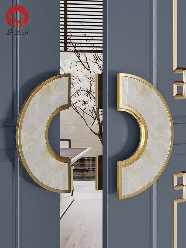 Custom Chinese Gate Semi-circle Handle Hotel Wooden Door Handle Jade Shell Profiled Antique Bronze Glass Door Handle