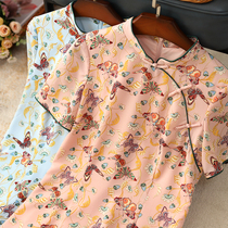 Temperament to heart intoxicatness ~ ~ Chinese wind disc buckle printed one-piece dress woman short sleeve long with knee improvement qipao Summer