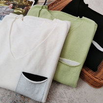 Chic niche ~ ~ ~ ~ design pocket Merino wool knitted bottoming shirt women's long sleeve autumn and winter jacket