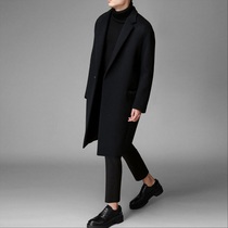 Black trench coat men long Korean version of trend handsome woolen coat men winter thick English coat
