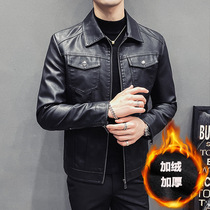 Lapel leather clothing mens spring and autumn Korean version of the trend handsome black Pu soft leather multi-pocket tooling leather jacket jacket men