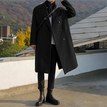 Winter thick woolen coat mens Korean loose windbreaker medium long long knee double breasted woolen coat