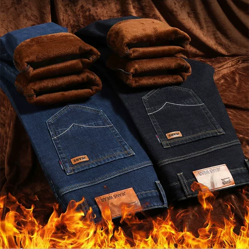 Утепленные джинсы с начесом, мужские эластичные удерживающие тепло штаны для отдыха, осенние, свободный прямой крой, большой размер