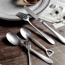 Japan Qingfang Produced Personality Frosted Silver Steak Knife and Spoon Household Stainless Steel Tableware Three-piece Set