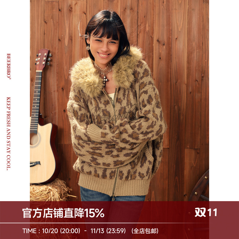 Beerbro『Retro Western』Casual Street Style Loose and Warm Leopard Print Hooded Mohair Sweater Jacket