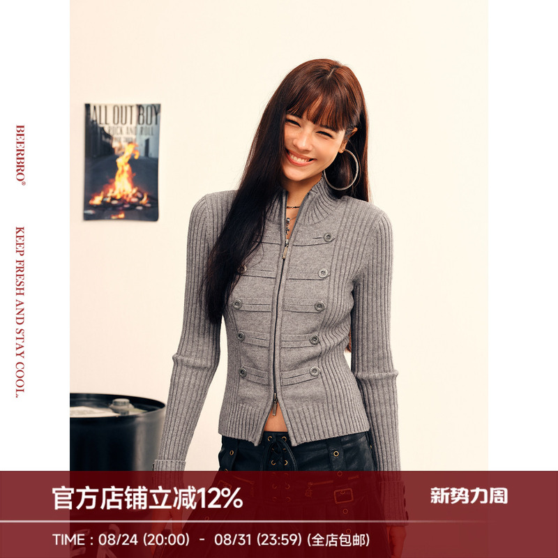 Beerbro『American Sweet and Spicy』Spicy Girl Napoleon Double-Breasted Stand Collar Short Sweater Cardigan Top for Women Beerbro『American Sweet and Spicy』Spicy Girl Napoleon Double-Breasted Stand Collar Short Sweater Cardigan Top for Women