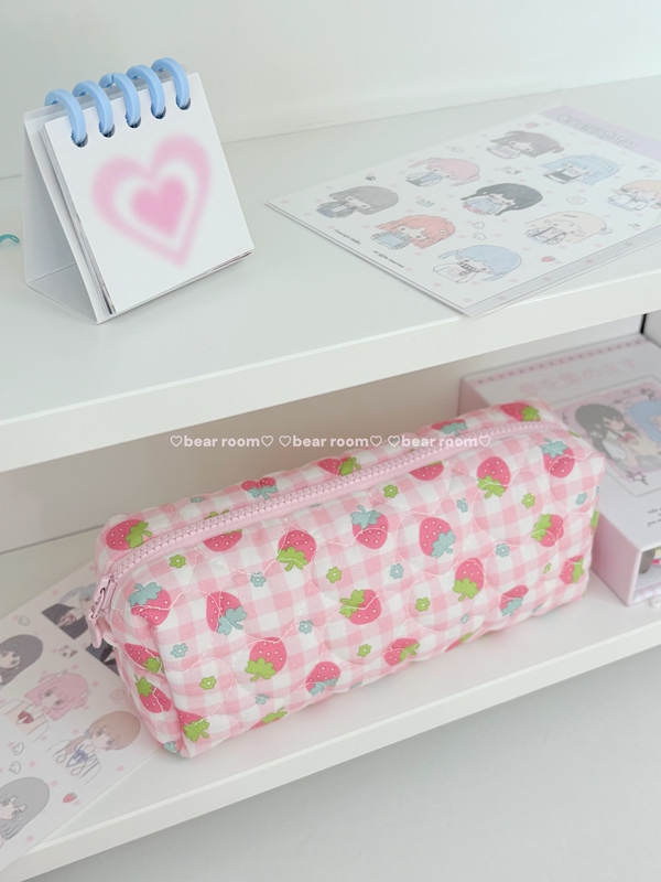 Little Bear House/Original Handmade Strawberry Pencil Case Strawberry Makeup Bag Student Stationery Storage Korean Fabric Pencil Case