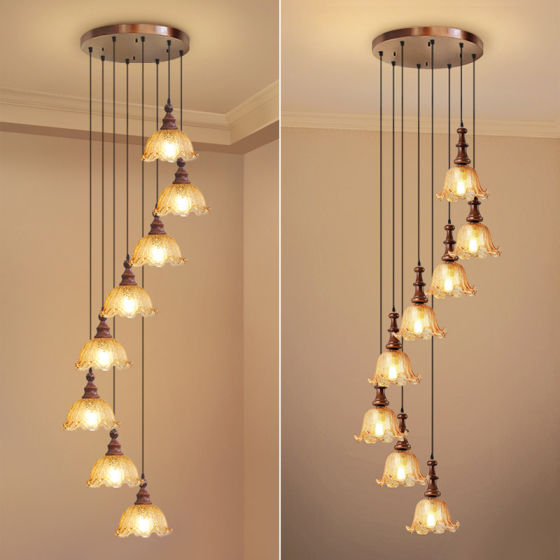 New Chinese medieval style stair chandelier, hollow duplex floor stairwell chandelier, long line simple wood art chandelier
