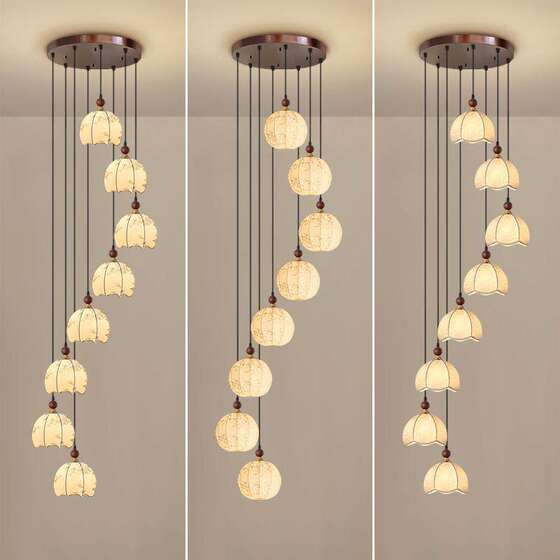 New Vintage-Style Staircase Chandelier for Villa Duplex Stairwell, High-Ceiling Large Chandelier, Retro Classic Fabric Chandelier