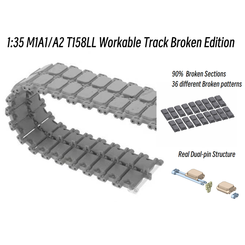 1/35 U.S. Army M1A1/A2 T158Ll Battle-Damaged Version 3D-Printed Movable Tracks with Realistic Double-Pin Structure 1/35 U.S. Army M1A1/A2 T158Ll Battle-Damaged Version 3D-Printed Movable Tracks with Realistic Double-Pin Structure