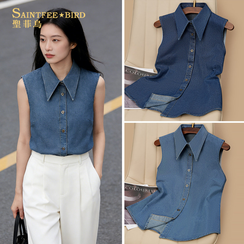 Denim Sleeveless Shirt for Women with Layered Fake Collar, High-End Large Pointed Collar, Versatile and Stylish Base Layer Tank Top