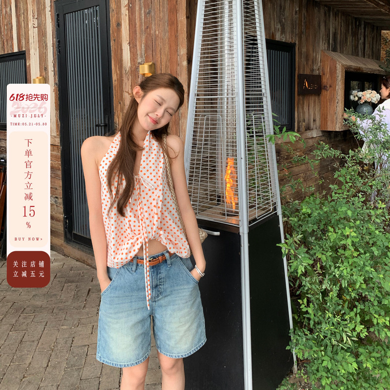 July Dopamine Orange Polka Dot Halter Neck Vest for Women Summer Tie-Up Korean Style Printed Sleeveless Top