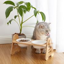 Pet her cat bowl Ceramic double bowl oblique mouth protection cervical spine cat food bowl anti-tipping Pet dog bowl adjustable bamboo and wood frame