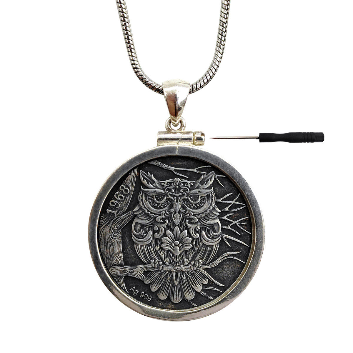 999 Silver Owl Athena Retro Necklace Coin Original Men's Tide - and - Antique Pending Personality