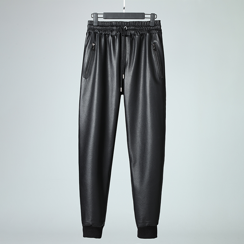 Men's Casual Imported Genuine Leather Pants, First Layer Cowhide, Cuffed, Fleece-Lined, Thickened, Loose-Fitting, Windproof and Waterproof Long Pants for Cycling