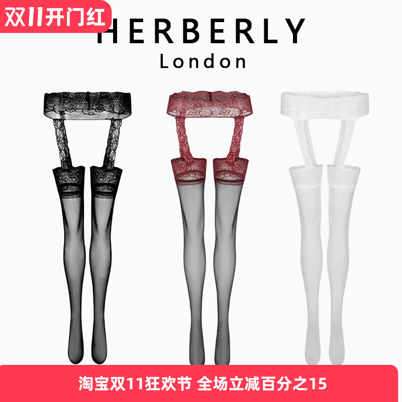 British Herberly Sexy Black Stockings Thigh-High Socks Over-The-Knee Lace Trim Integrated Suspender Stockings